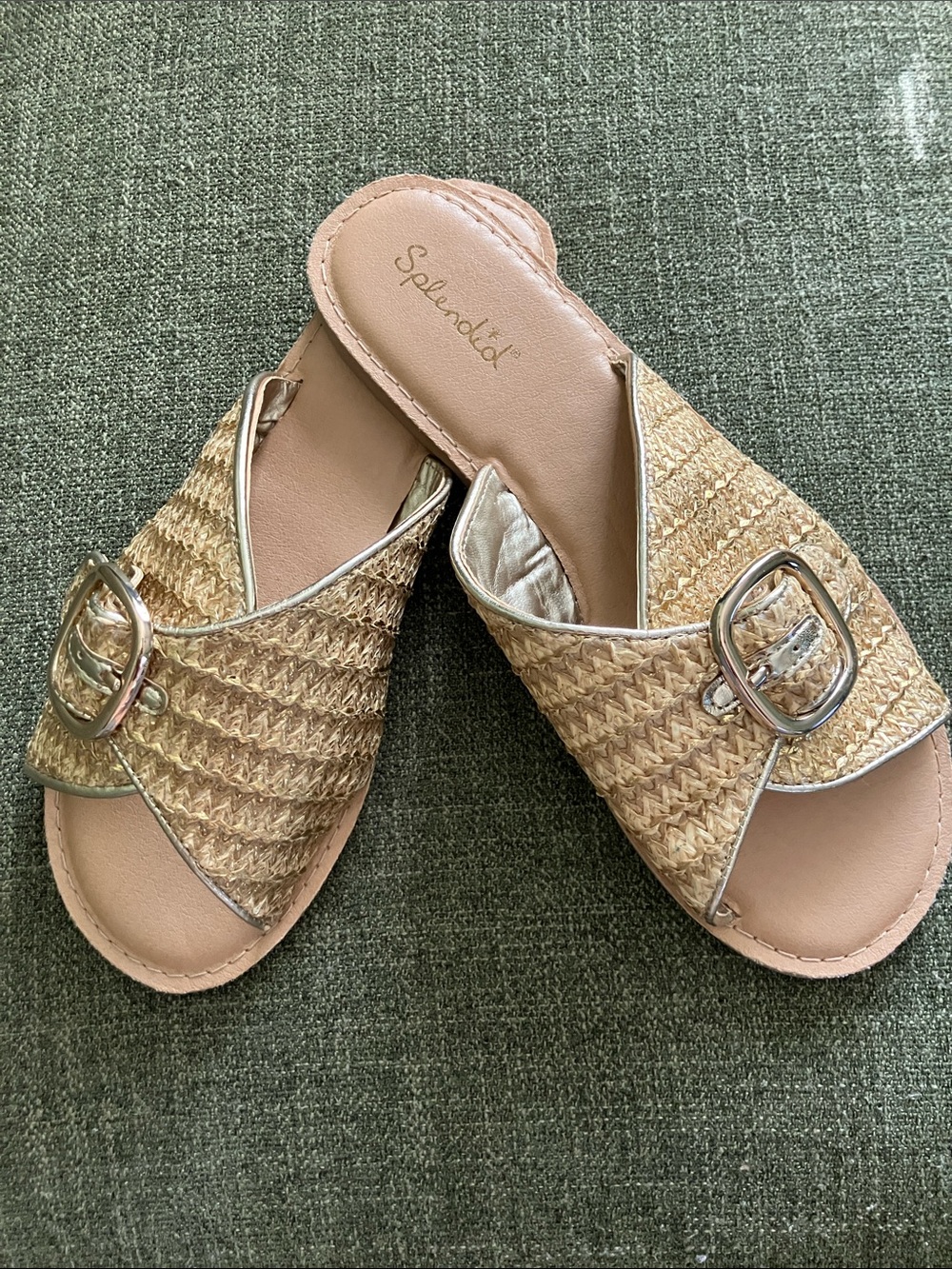 Splendid Tan Woven Slide Sandals with Gold Buckle